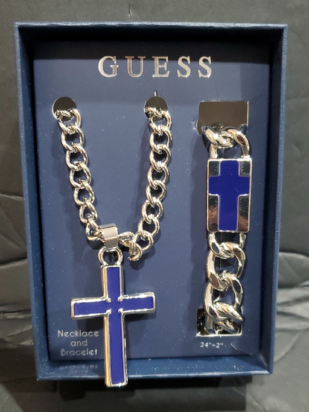 Guess men's silver chainlink navy Christian cross‎ pendant necklace bracelet set